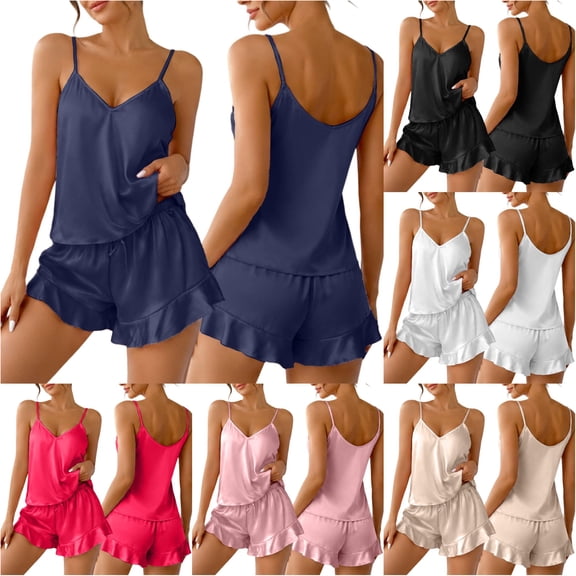 HCYSFG Women's Satin Pajama Sets 2 Piece V Neck Sleeveless Spaghetti Strap Cami Top Shorts Sleepwear Pjs Set