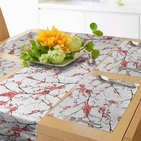 

Nature Table Runner & Placemats Illustration of Sakura Branches Windy April Weather in Japanese Painting Style Art Set for Dining Table Placemat 4 pcs + Runner 14 x72 Coral Black by Ambesonne
