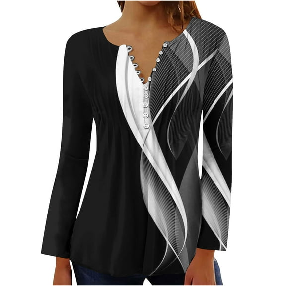 IROINNID Sales Fall Shirts for Women Long Sleeve Slim Fit Lightweight Print Tunic Tops V-neck Half-button Casual Tops,Black