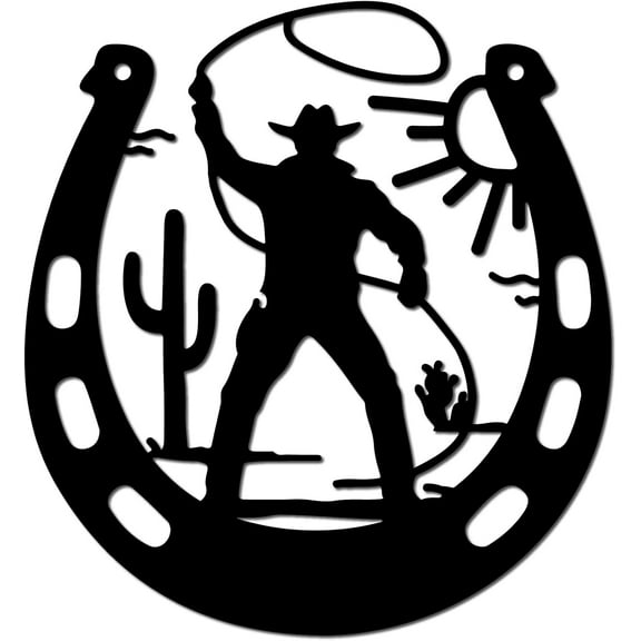 Horseshoe Metal Wall Decor Western Cowboy Wall Art Sun Iron Wall Signs Hanging Ornament Sculpture for Balcony Garden Home Living Room Bedroom Indoor Decoration Matte Gunmetal 7.9Inch Black
