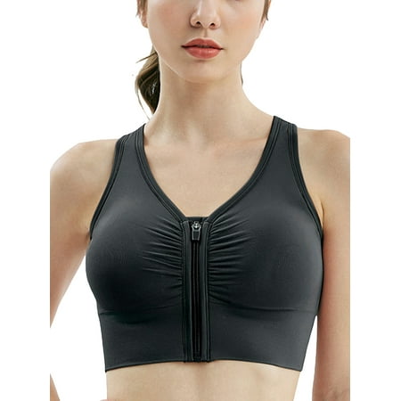 

Carolilly Women Sports Bra Front Zipper Gather Effect Cross Shoulder Straps