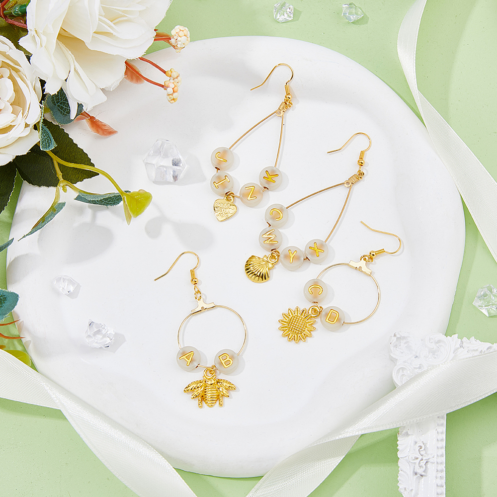 1box Earring Making Kit Including Brass Earring Hooks Alloy & 304 Stainless Steel Wire Pendants Acrylic Letter Beads Pliers Sun & Star & Butterfly & Bees & Heart & Anchor Golden 475pcs/box