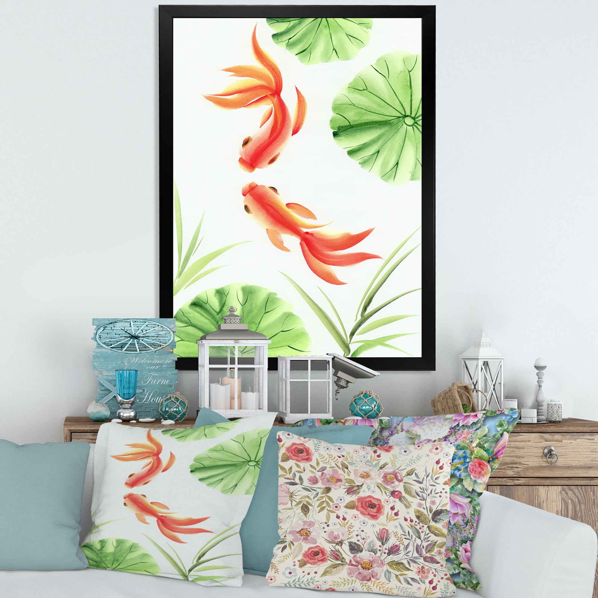 Designart 'The Lotus Leaves With Goldfishes' Nautical & Coastal Framed Art Print