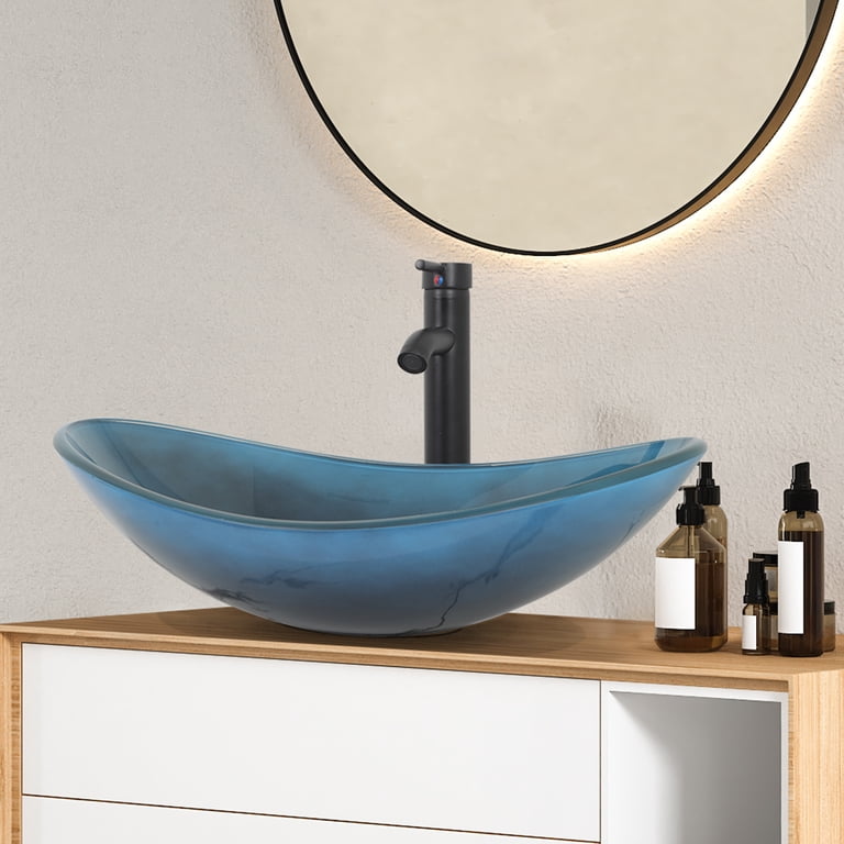 Tempered Glass Vessel Sink Set – 16.5" Round Bowl With Chrome Faucet, Pop-Up Drain & Water Lines – Above-Counter Bathroom Vanity Kit