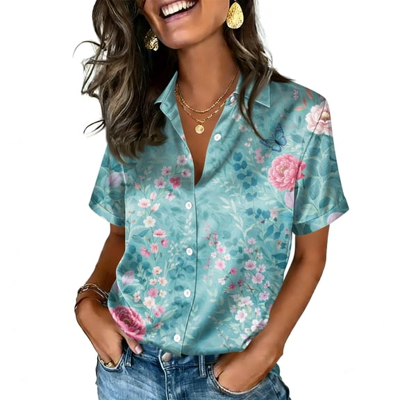 ASDFVBKG Women's Classic Stain Polo Shirt Long Sleeve Casual Collared Shirts Button Dressy Lounge Vintage Floral Print Women's Tops Green M