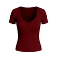 thumbnail image 5 of FAHXNVB Ribbed Short Sleeve Tops for Women V Neck Solid Color T Shirts Low Cut Fitted Casual Summer Basic Tees,S,Wine, 5 of 5