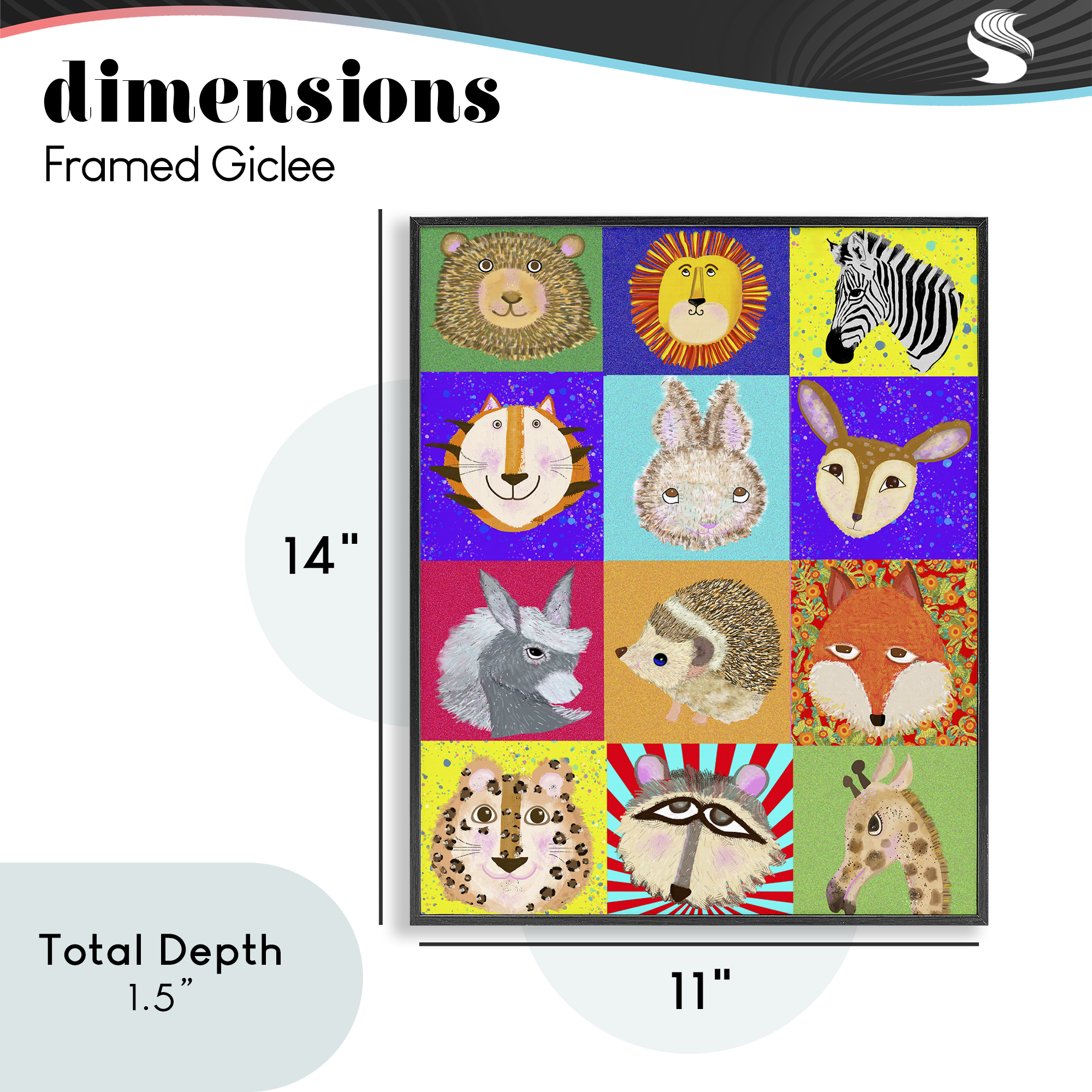 Furry Faces Animals Black Framed Giclee Art, design by Lynnda Rakos
