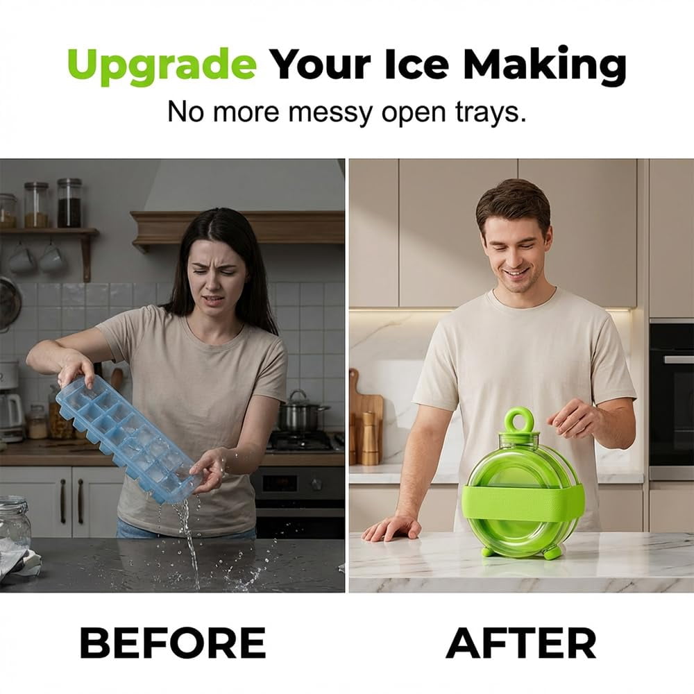 Ice Cube Maker Bottle, 2-in-1 Ice Cube Bottle with Straw, Easy Press Ice Tray Water Bottle, Leak Proof Lid, Vertical Ice Maker for Freezer, Travel, Gym & Home Use.