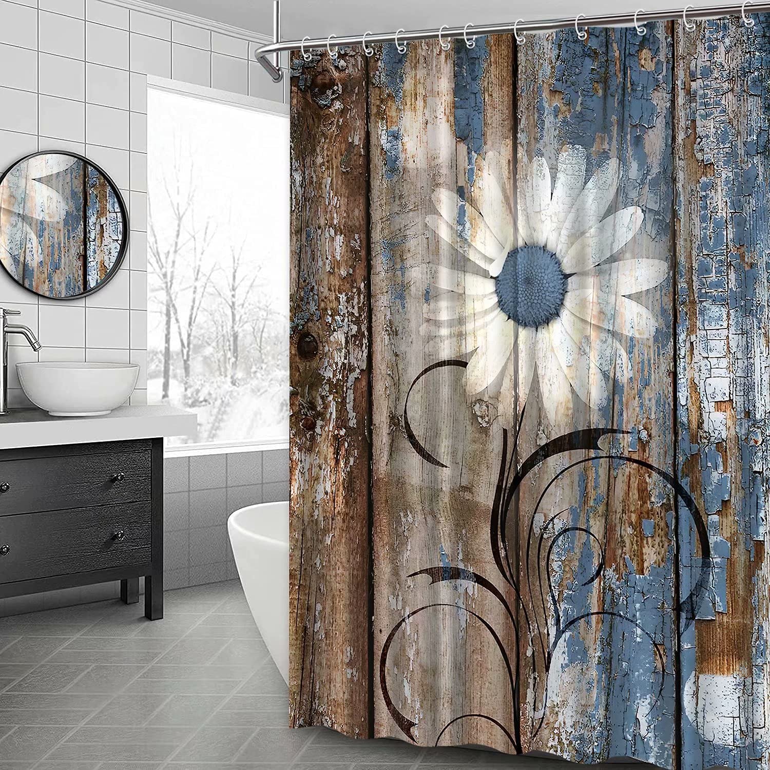 Rustic Daisy Shower Curtains, Blue Brown Floral Farmhouse Polyester ...