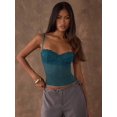 thumbnail image 5 of Teal Blue Lace Trim Spaghetti Strap Fitted Cropped Tank Top For Women, 5 of 8