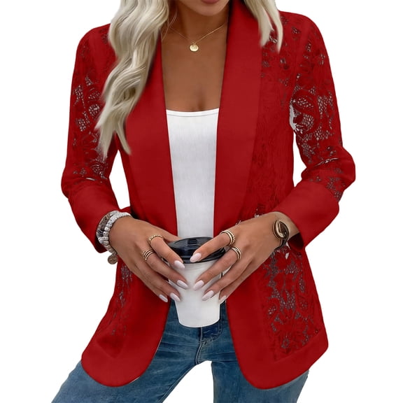 Trgacdwlo Women's Lace Blazer Open Front Sheer Mesh Blazer Coats Elegant Long Sleeve Casual Lightweight Dressy Summer Jacket Red M
