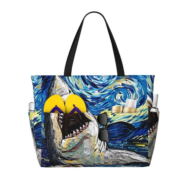 Fotbe Vintage Starry Sky Shark Bolsa de Viaje para Playa - Resistente al Agua, Bolsa Tote de Gran Capacidad y Ligera con 7 Bolsillos para Mujeres y Hombres