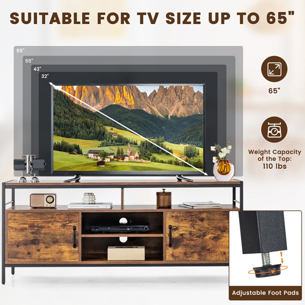 Finihen TV Stand, TV Cabinet, 58 Inch Industrial TV Stand with Cabinets and Adjustable Shelf for TVs up to 65 Inch, for Living Room, Brown