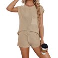 thumbnail image 1 of Bermudas Conjunto de blusa y pantalones cortos para mujer, 2 uds., camisa de punto y pantalones cortos, trajes de punto informales de verano Ygjytge Caqui T XL para Mujer, 1 of 9