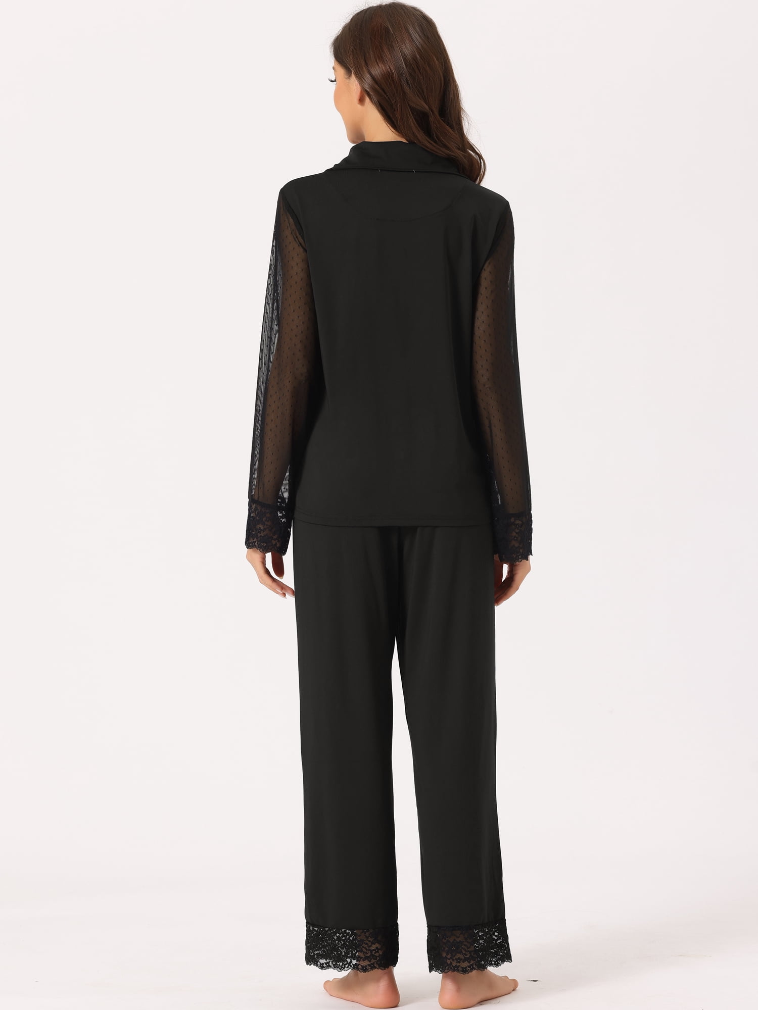 DARING DIVA Women's Button Down Shirt Sheer Mesh Sleeve Long Pants Pajama Set S Black