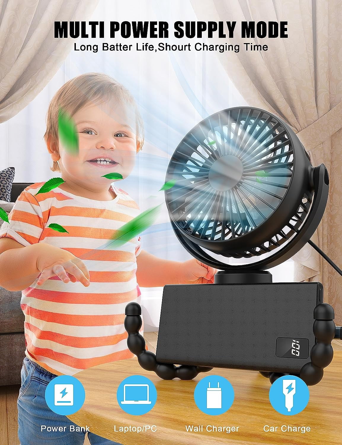 Cincofelia 3-Speed Portable Rechargeable Clip-On Fan