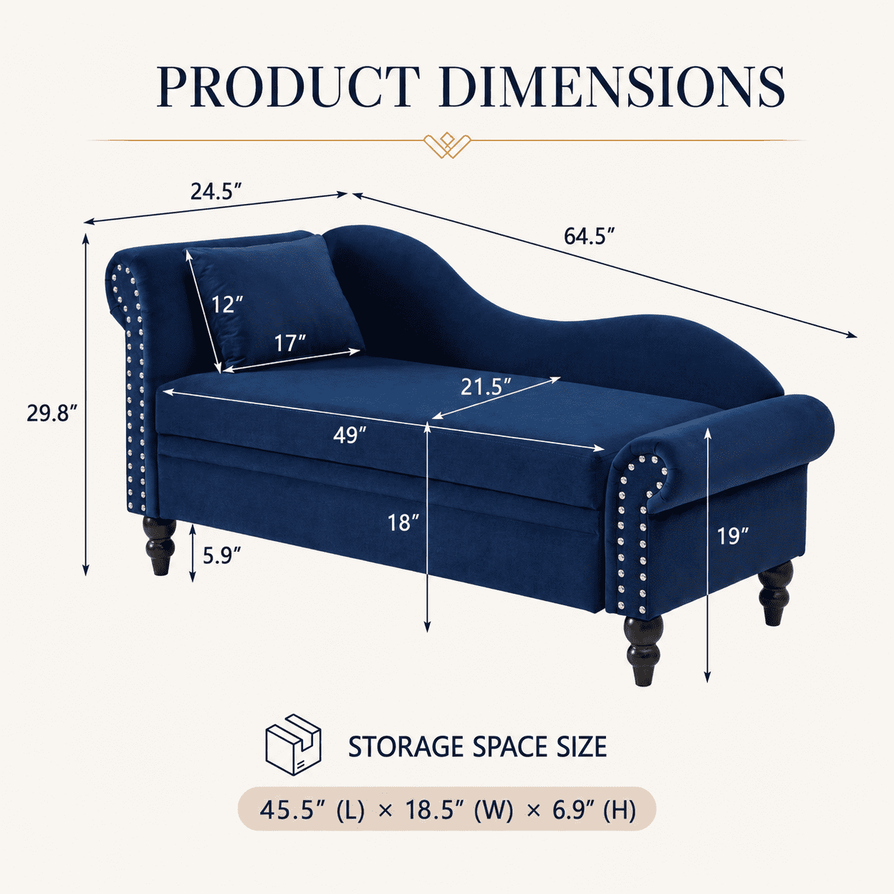 Aukfa 64.5" Modern Velvet Chaise Lounge with Storage, Left Armrest Lounge Sofa with Silver Nailhead Trim & Lumbar Pillow,Navy Blue