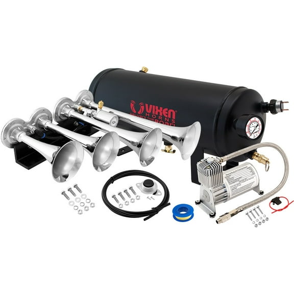 Vixen Horns Train Horn Kit for Trucks/Car/Semi. Complete Onboard System- 150psi Air Compressor, 1.5 Gallon Tank, 4 Trumpets. Super Loud dB. Fits Vehicles like Pickup/Jeep/RV/SUV 12v VXO8715/4124C