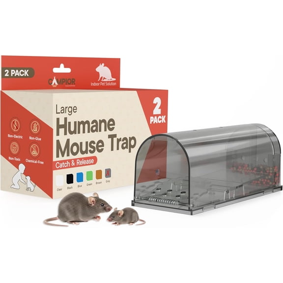 Campior Humane Mouse Trap Pack of 2, Live Catch & Release, Indoor/Outdoor, Pet & Child Safe, Reusable Plastic Cage, Gray