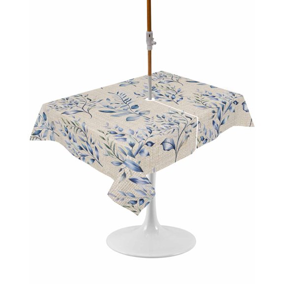 Outdoor Table Cloth with Umbrella Hole and Zipper, Rustic Blue Leaves Waterproof Rectangle Tablecloth 60"x102", Farmhouse Botanical Beige Washable Table Cover for Outside Party Patio Picnic