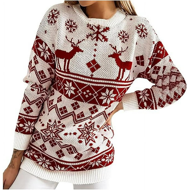Suéter navideño de cuello alto para mujer, suéter de punto con estampado de alce, jersey informal de manga larga, tops de invierno