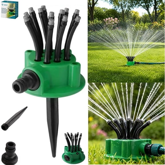 360 Degree Multi Directional Lawn Sprinkler, 12-Nozzle Automatic Garden Irrigation Sprinkler Head with Spike Base, Adjustable Yard Watering Tool for Grass, Roof Cooling, Patio Plants Gift