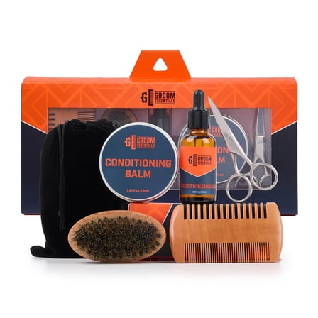 CHARGEWORX Groom Essentials 6-Piece Grooming Kit for Beard Growth, Care, and Maintenance, Includes Bristle Brush, Dual-Sided Comb, Conditioning Beard Oil and Balm, Trimming Scissors, and Travel Pouch