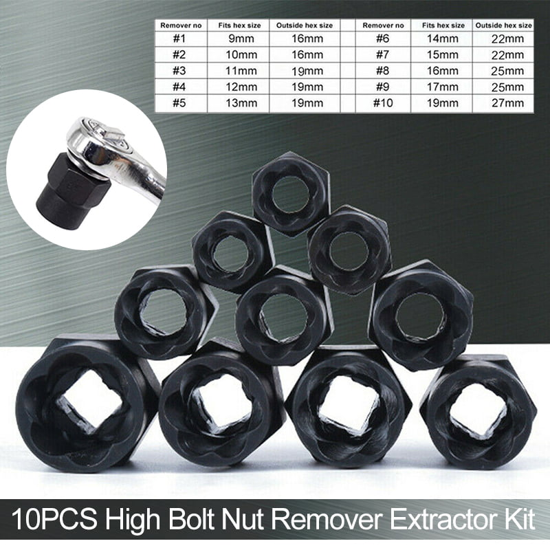 10Pcs Damaged Bolt Nut Screw Remover Extractor Removal Set Threading Tools Kit 9-19mm Broken Bolt Removal Kit