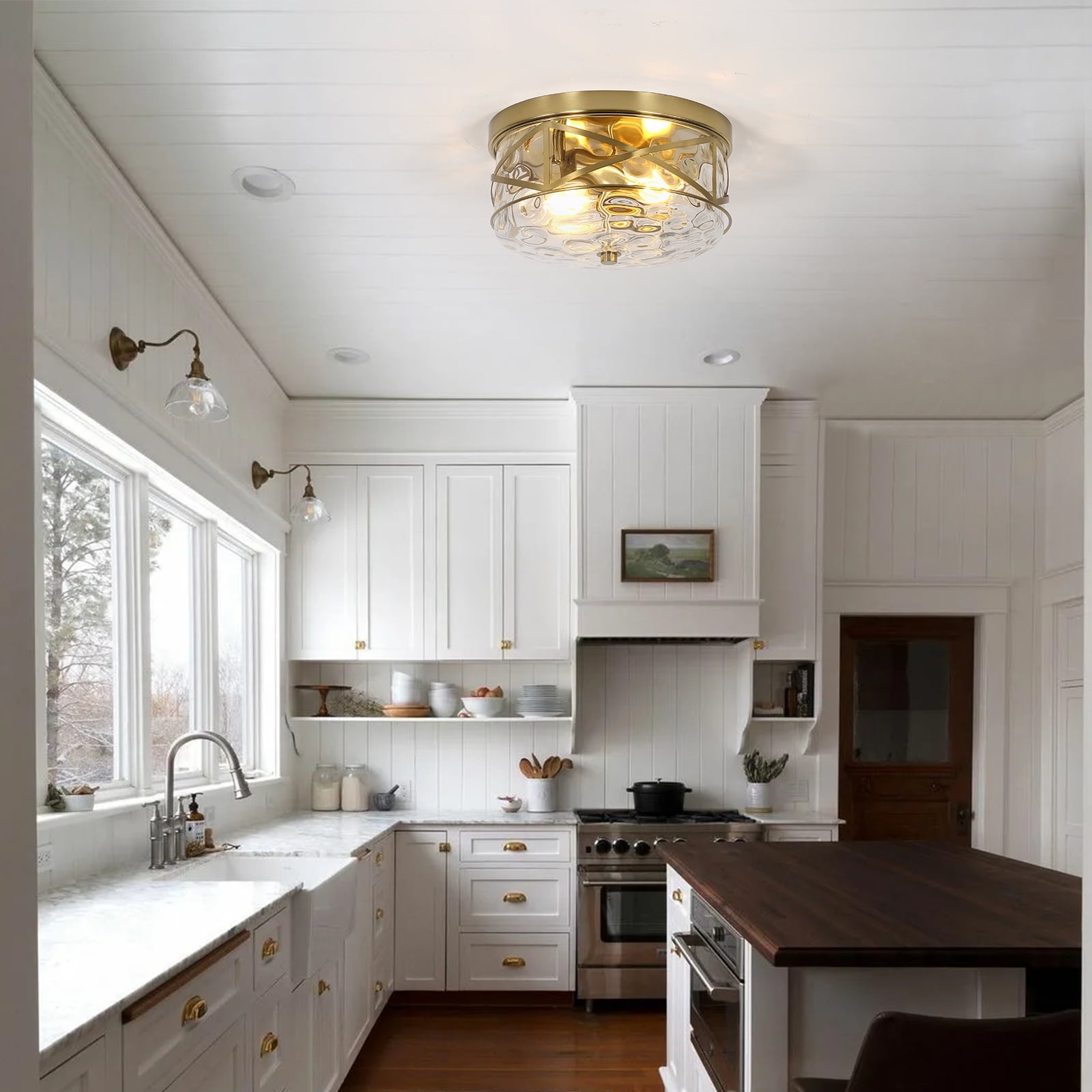 Modern Small Flush Mount Ceiling Light With Clear Hammered Glass Brushed Light Fixtures 2-Lights Farmhouse Ceiling Light Antique Ceiling Light for Kitchen Dining Room Hallway 11.8"D