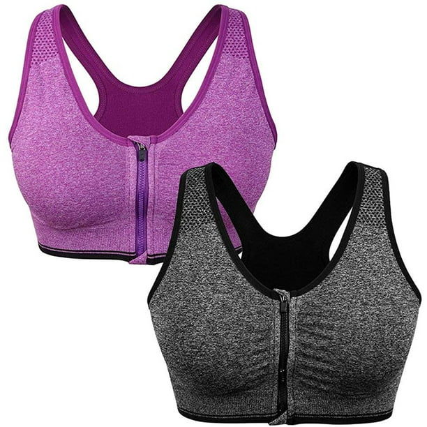 2pcs Women's Zip Front Sports Bra Wireless Post-Surgery Bra Active Yoga Sports  Bras(grey+purple) 