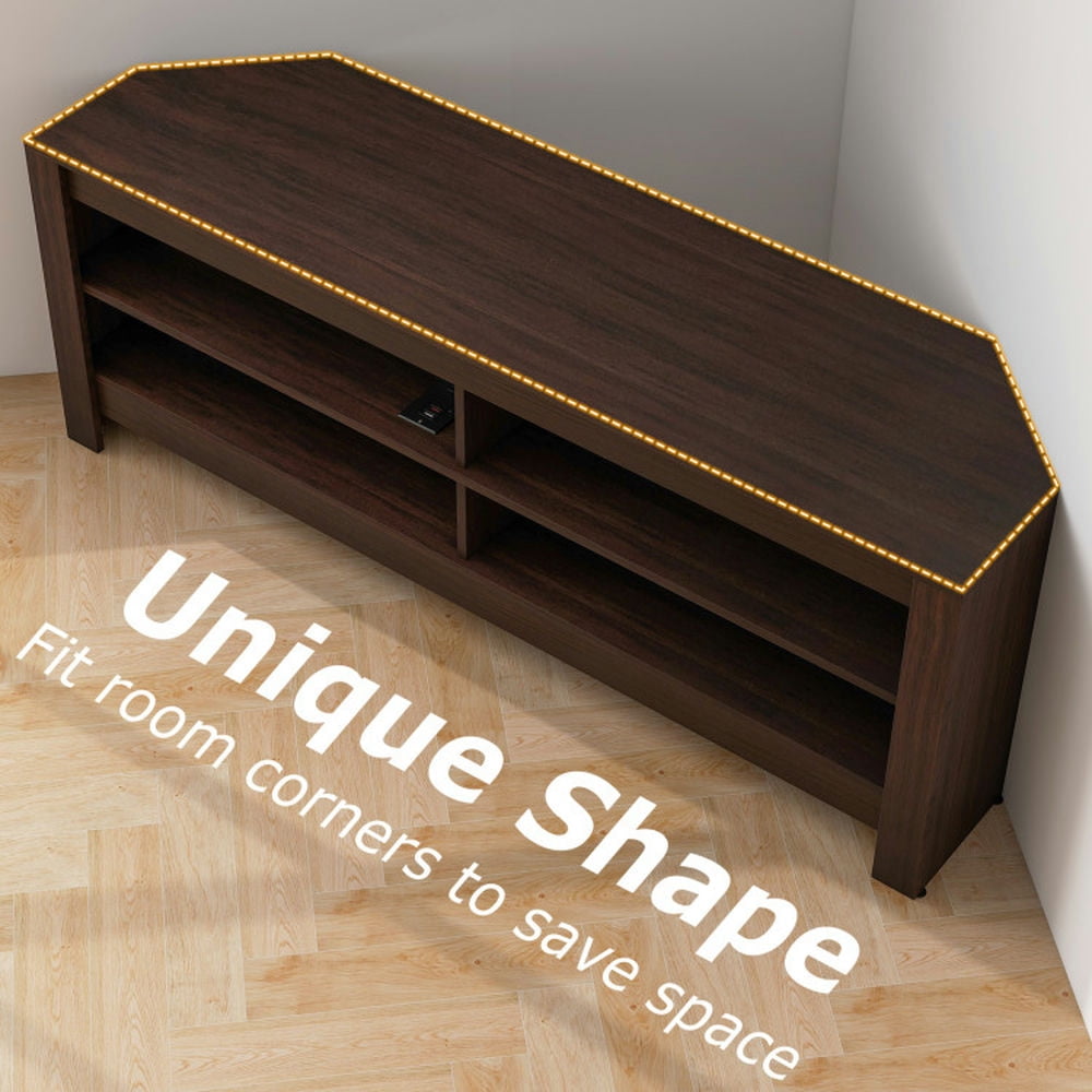 Finihen TV Stand, Entertainment Center, Corner TV Stand with Power Outlet and 4 Open Storage Shelves, for Living Room, Brown