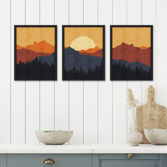 PixonSign Framed Canvas Print Wall Art Set - Sunset Silhouettes Mountain and Forest Posters - Set of 3 Geometric Abstract Nature Landscape Prints Retro Wall Décor for Living Room - 8"x10" Black