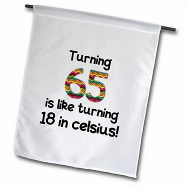 3dRose Turning 65 Is Like Turning 18 in Celsius Polyester 2'3'' x 1'6'' Garden Flag
