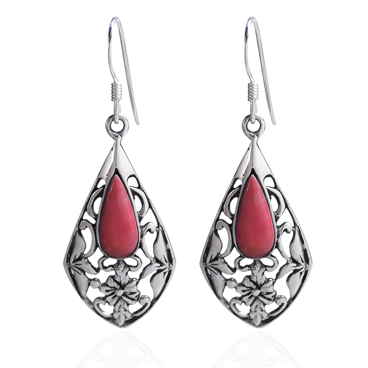 Vintage Teardrop Pink Reconstructed Coral Floral Vine .925 Silver Earrings by