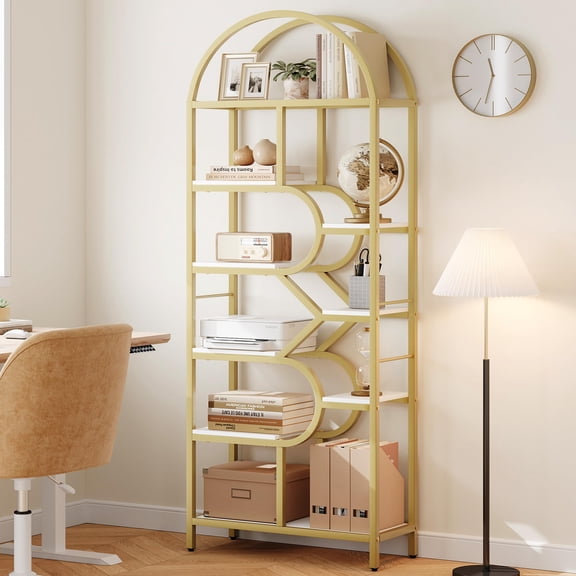 DSstyles Bookshelf 6 Tier Arched Bookcase 81.7in Tall Display Racks Geometric Open Storage Shelf Unique Book Rack Metal Frame Large Modern Book Shelf for Bedroom, Living Room, Home Office