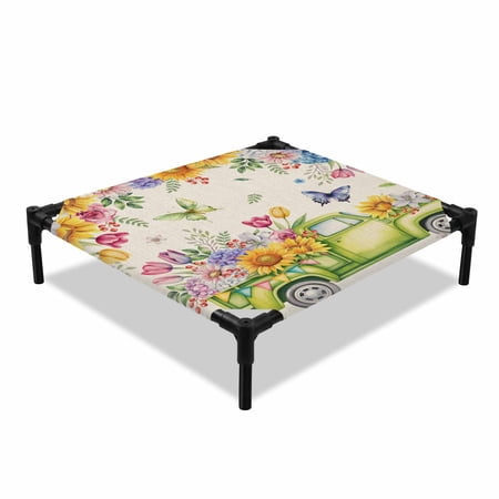Spring Floral Elevated Dog Bed Green Truck Watercolor Colorful Flowers Butterfly Linen Texture Cooling Breathable Outdoor Raised Dog Cot Bed with Metal Frame Non-Slip Feet for Small Dog 20x20in