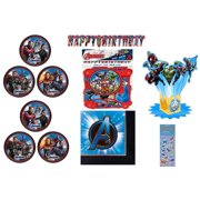 Avengers Birthday Party Supplies Bundle Pack includes 16 Plates 7", 16 Napkins, 1 Happy Birthday Banner, 1 Centerpiece, 1 Dinosaur Sticker Sheet