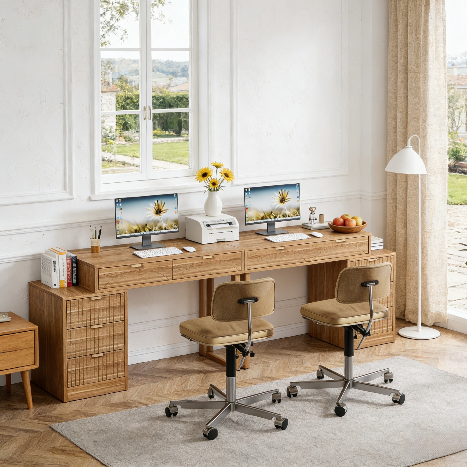 Fnova Reversible Computer Desk with 5 Large Drawers, 39.37" Home Office Writing Desk, Vanity Desk, Brown