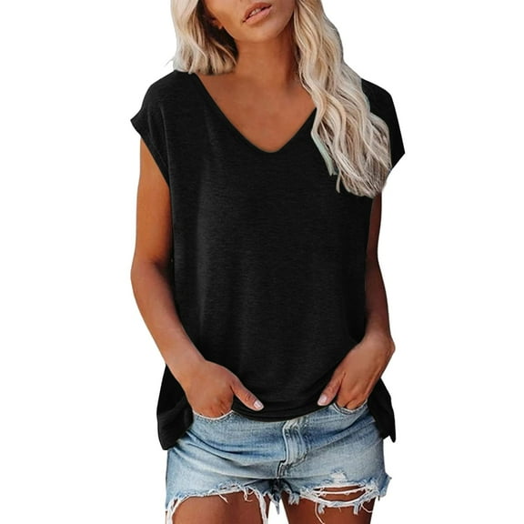 Black Women's Short Sleeve T-shirt, Women Cap Sleeve Summer Casual Tops V Neck Solid Color Casual Shirts Loose Fit Blouse,Women's Short sleeve T-shirt S