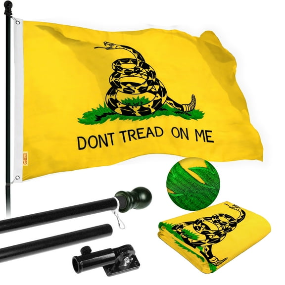 G128 Flag Pole 5 FT Black Tangle Free & Gadsden Flag 2.5x4 FT Combo Embroidered Spun Polyester