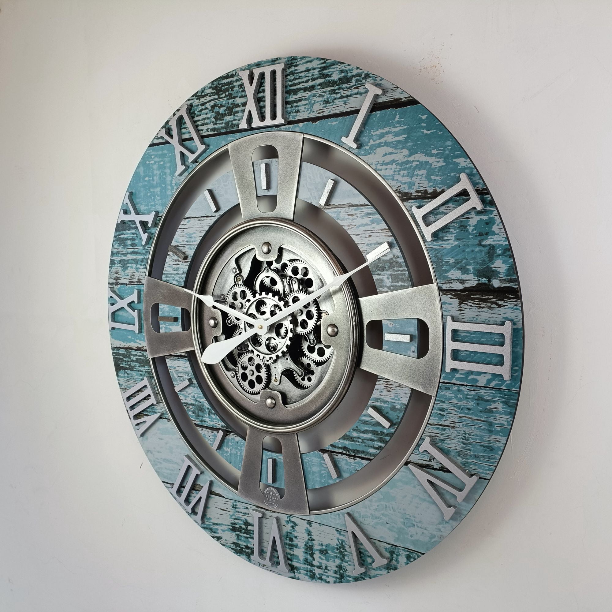 THE GEARS CLOCK Wall Clock with Real Moving Gears EN-LI_ 36 in Round Aqua-Green
