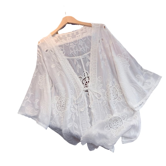 Women Romantics Floral Crochet Kimono Cardigan Loose Fit Bohemian Hollow Embroidery 3/4 Sleeve Beach Swimsuit Cover Up