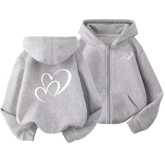 BFHHYA Girls' Full Zip Hooded Sweatshirt Jacket Heart-Print Light Fleece Hoodie Long Sleeve Sweatshirt with Pockets for Daily Outings(3-13Y)