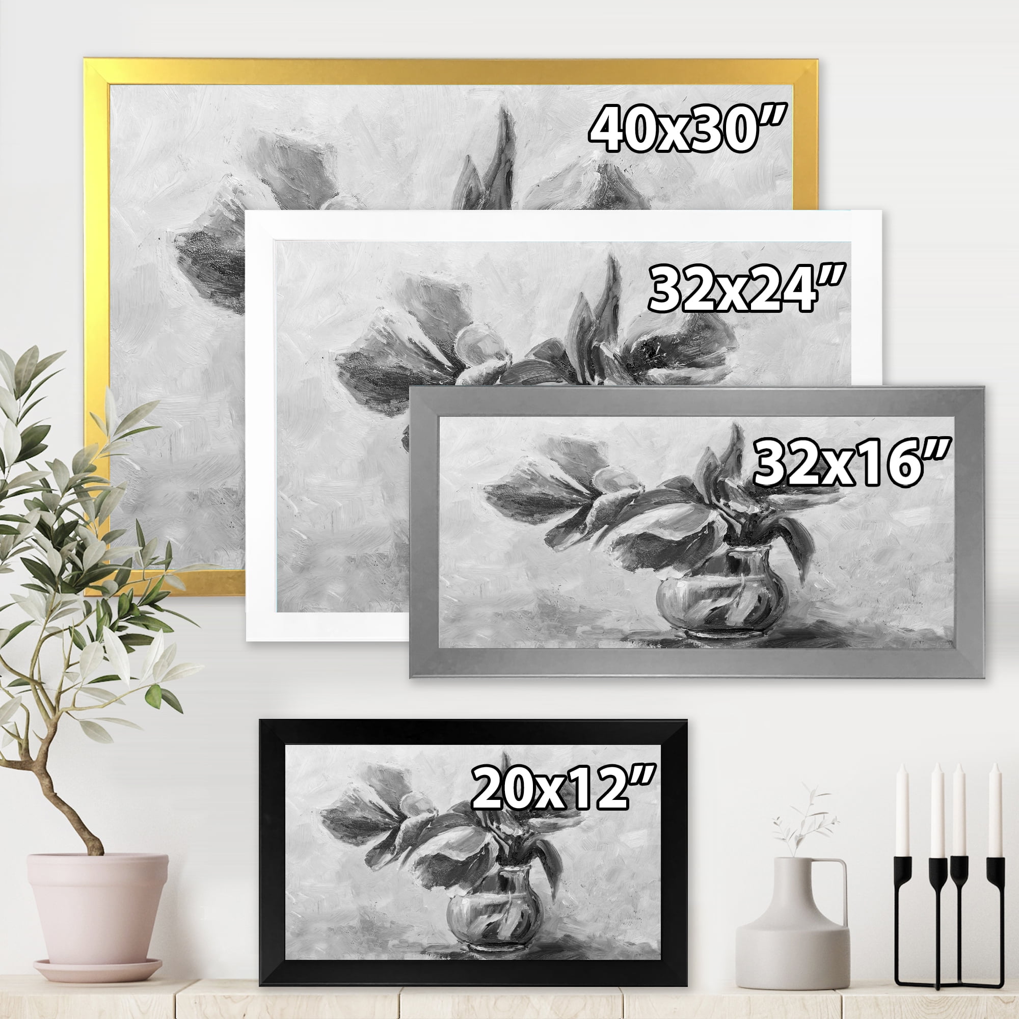 Designart 'Black and White Still Life Of Flowers In A Vase' Traditional Framed Art Print
