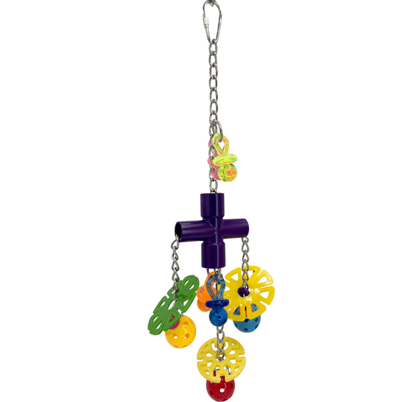 Impeckable Bird Toys 1171 Large Cross Pull Delight Colorful Plastic and Acrylic Hanging Chewable Pullable Toy with Chains Handcrafted by Us for Small to Medium Size Birds Like Conures Caiques