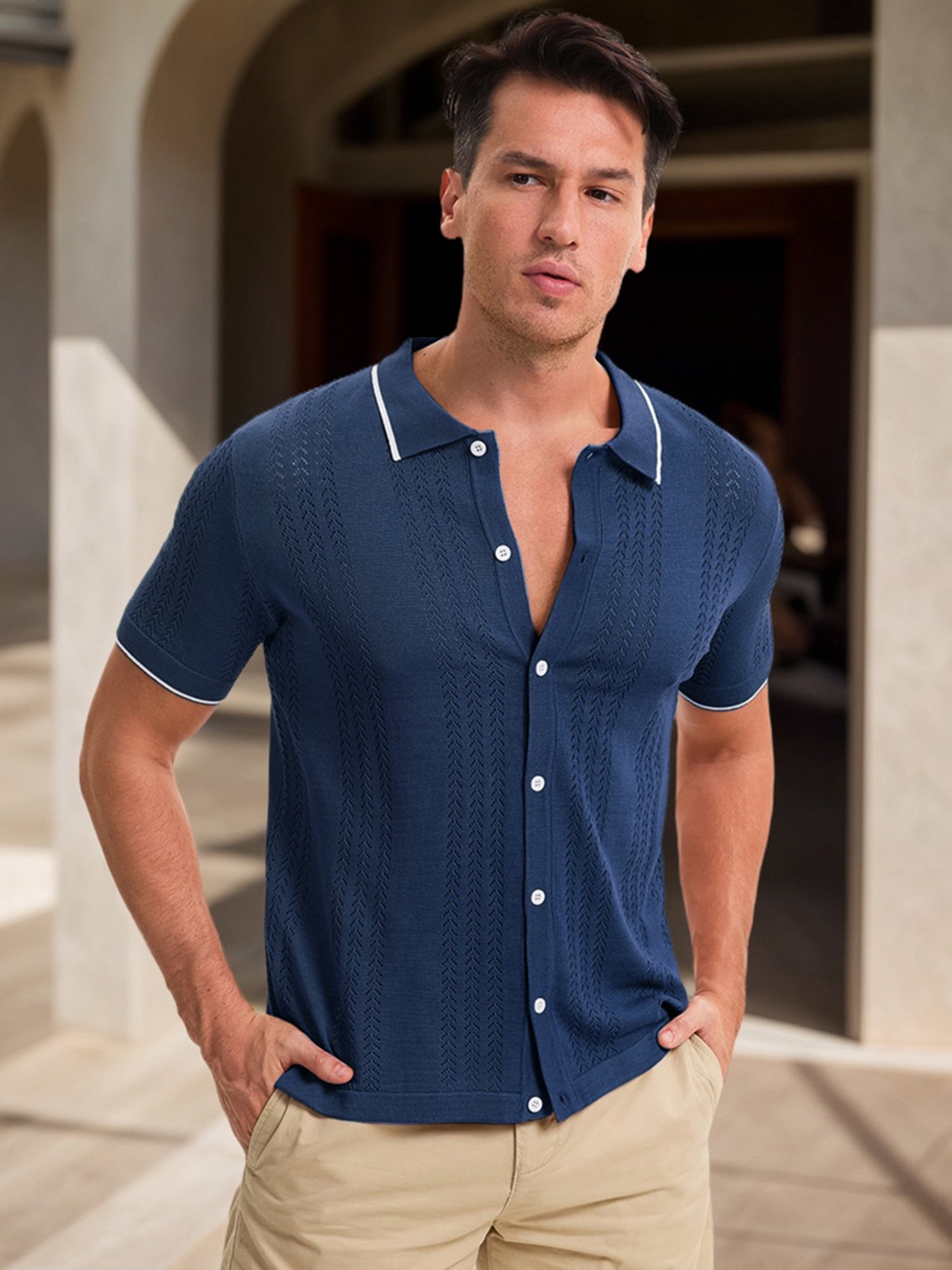 DARING DIVA Men's Knit Button Down Casual Vintage Short Sleeve Polo Shirt XXL Navy