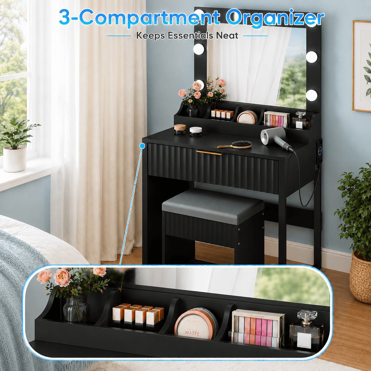 Ktaxon Flutted Makeup Vanity Table w/Stool, Dressing Desk with Charging Station, For Femal Gift, Black