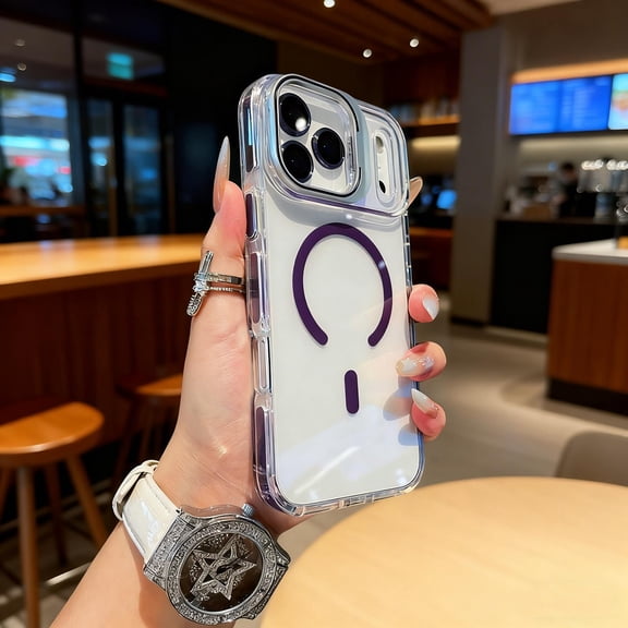 for iPhone 17 Pro Magnetic Case [with Camera Lens Stand] [Compatible with Mag-Safe] Not Yellowing Crystal Clear Transparent Shockproof Protective Phone Cover for iPhone 17 Pro, Purple