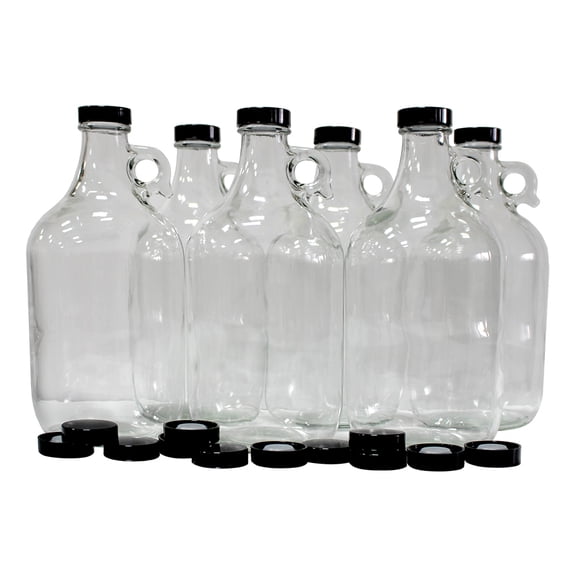 Set of 6 - 1/2 Gallon Clear Glass Beer Growlers - Comes with 12 Extra Poly Se...