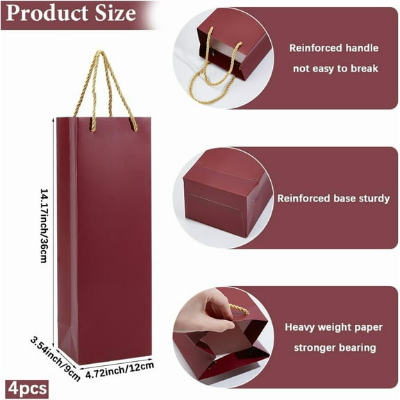 4Pcs Red Paper Wine Bags 14.2x3.5x4.7 Inch Reusable Liquor Champagne Bottles Gift Bags with Handle for Birthday Wedding Party Favor